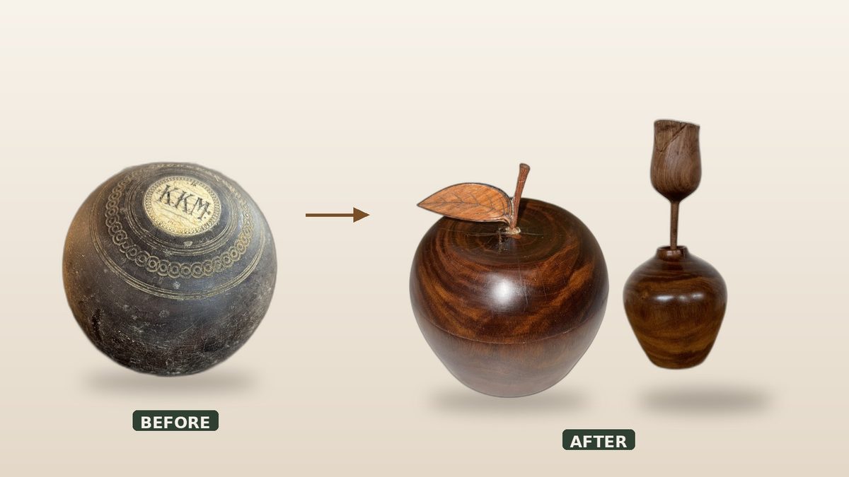 An old lawn bowl turned into an apple, a bud vase and a rose