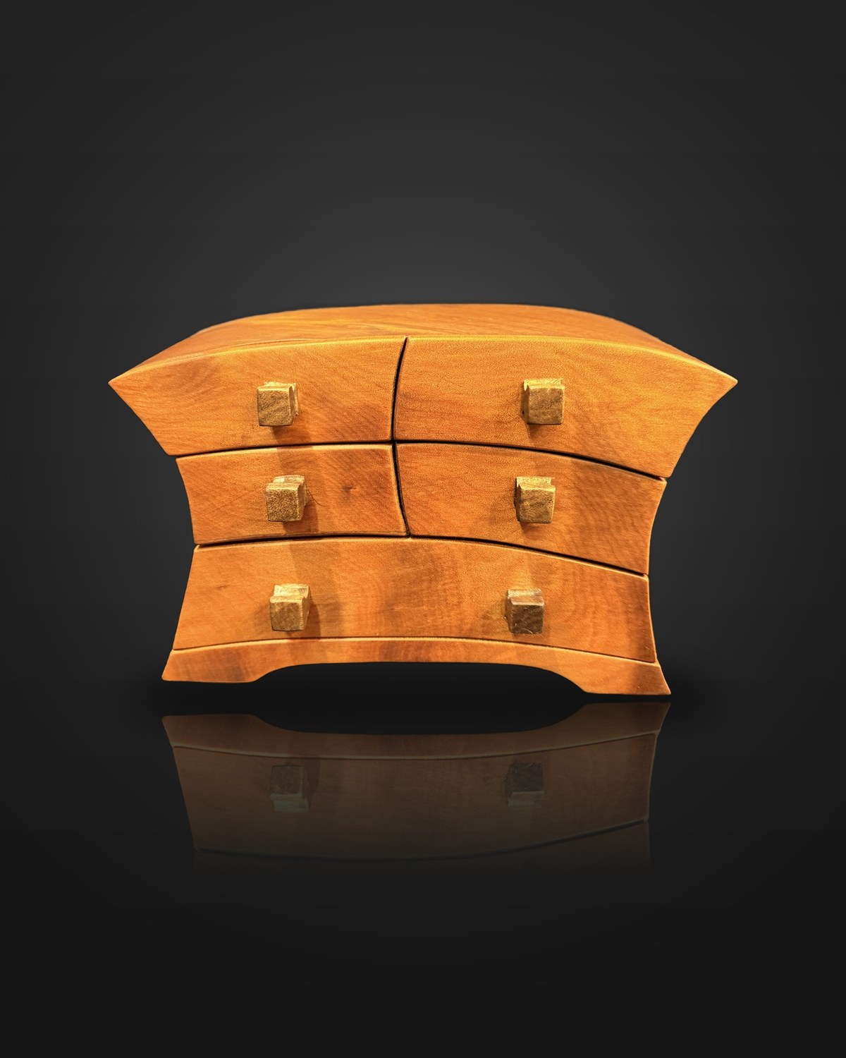 Kauri bandsaw box: five curved drawers sawn from one block, with squared pūriri handles