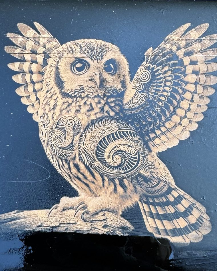 Koru owl &mdash; engraved artwork