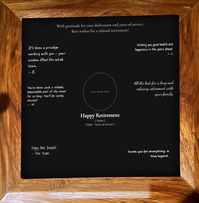 Sample team retirement tribute in a kauri frame