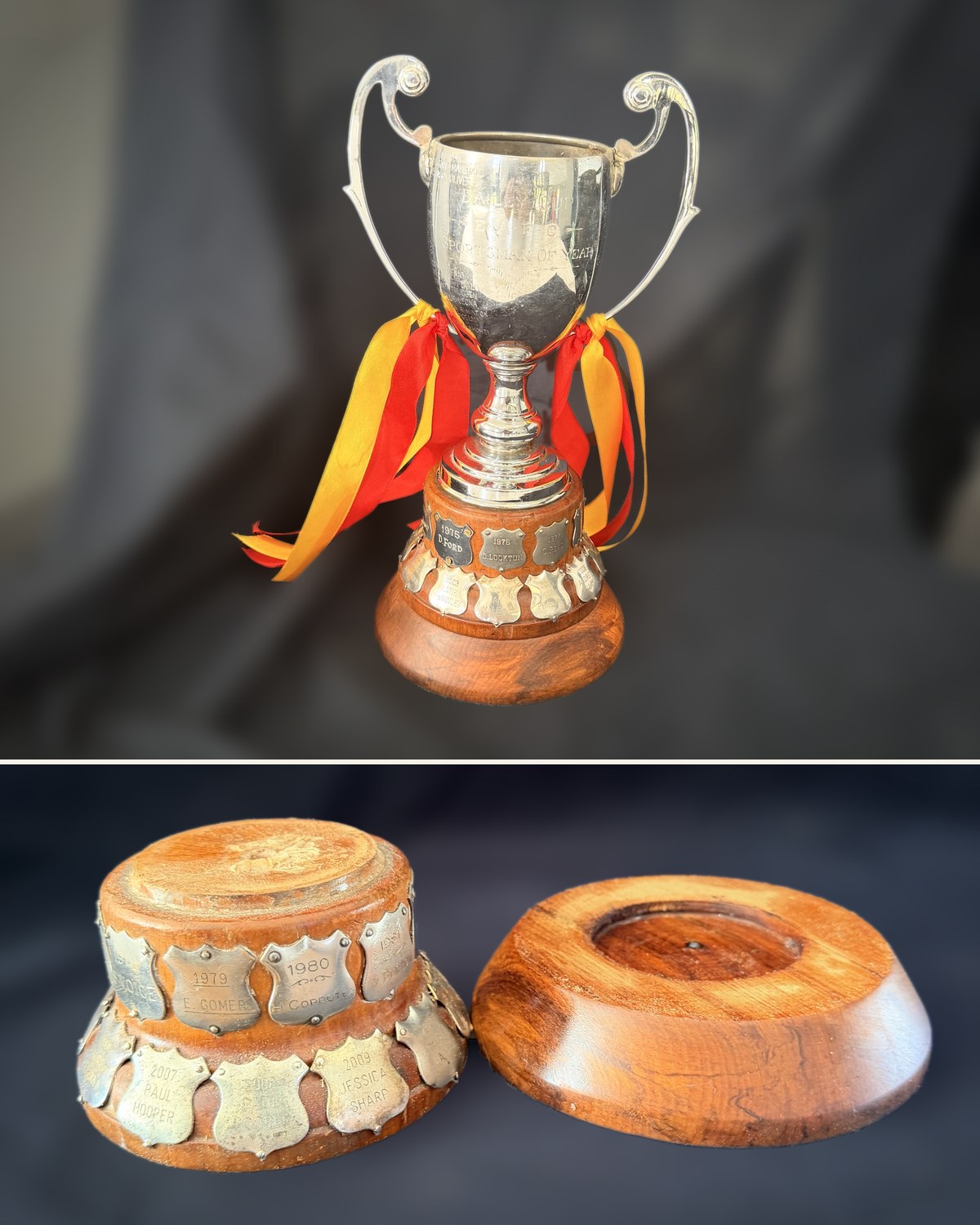 Above, the Bailey Cup, a silver two-handled cup tied with red and yellow ribbons on a turned base ringed with engraved winners' shields. Below, the original two-tier base beside the new tier turned in rimu to sit beneath it